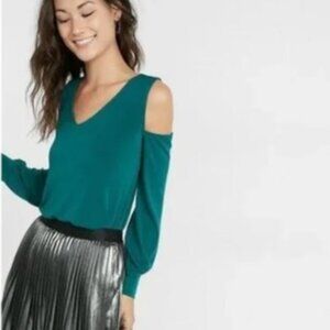 NWOT Express Emerald Green Cold Shoulder Top Long Sleeve V-Neck Small Teal